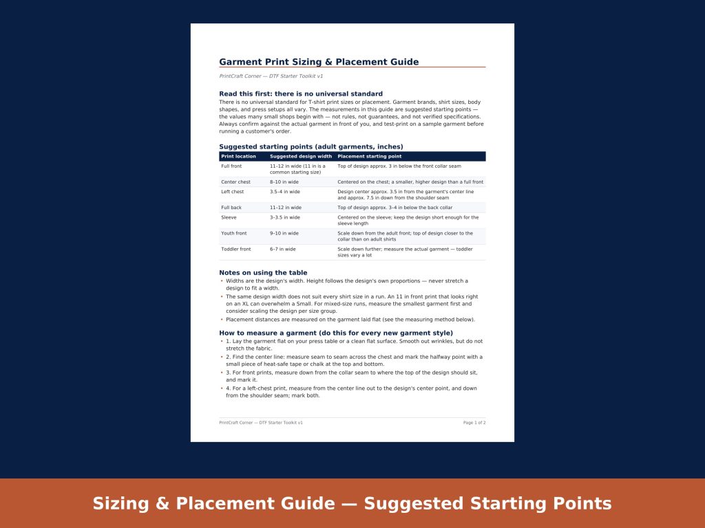 How to Print T-Shirts at Home or Start a Small T-Shirt Printing Business: Beginner's Guide Garment print sizing and placement guide page with suggested starting measurements
