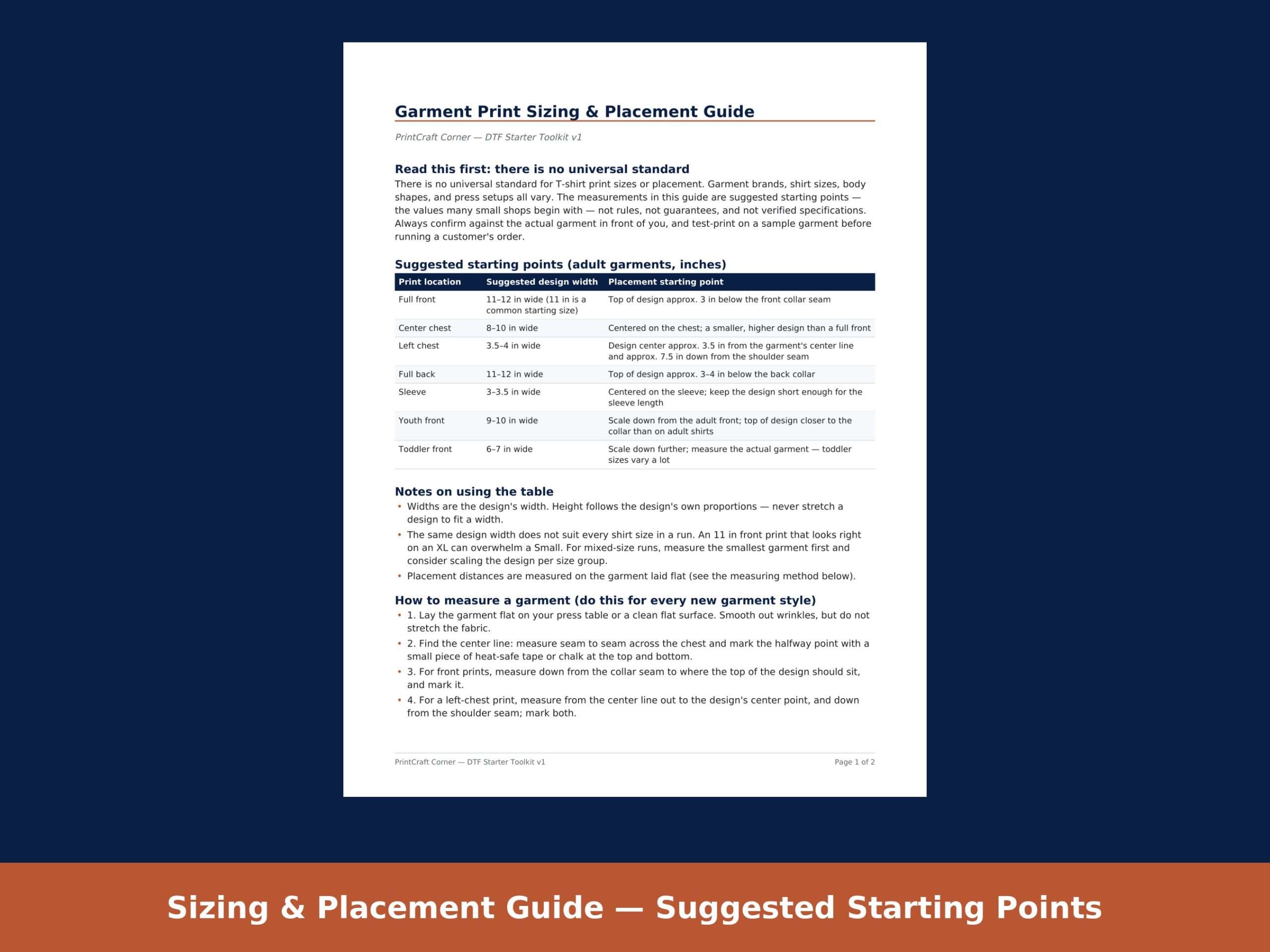 Garment print sizing and placement guide page with suggested starting measurements