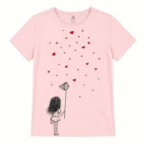 Light pink women's T-shirt with girl catching red hearts design