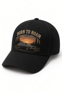 Black cap with Born to Roam embroidered sunset design