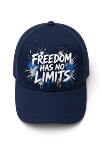 Navy cap with Freedom Has No Limits paint-splatter design