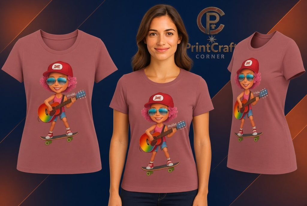 Dusty-rose women's T-shirt with a cartoon girl playing a rainbow guitar on a skateboard, worn by a model on a navy background