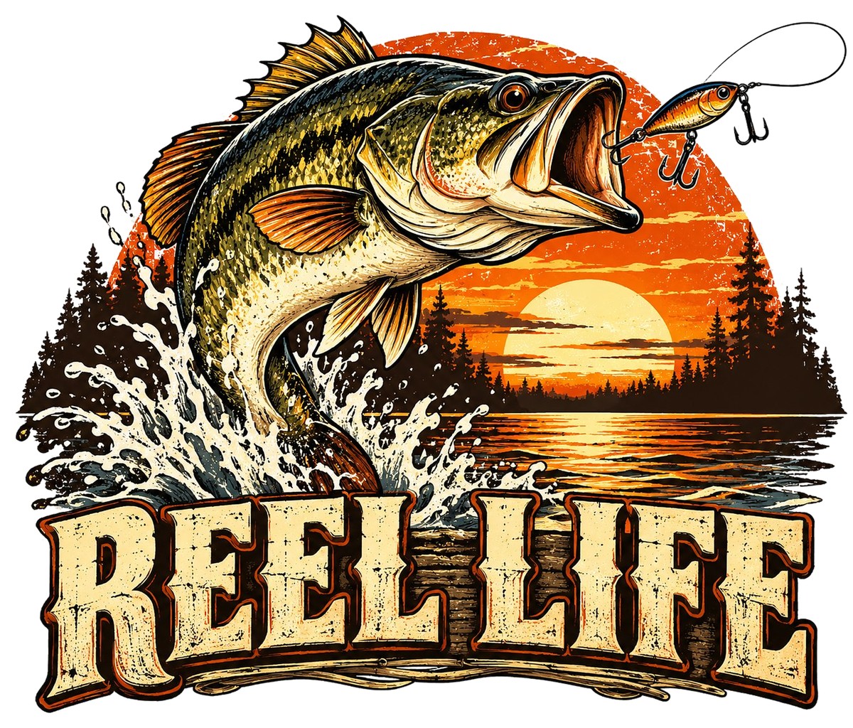 Home New Reel Life vintage bass sunset fishing design