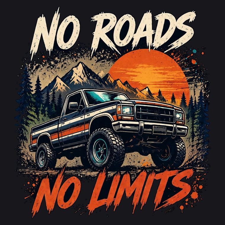 Home New No Roads, No Limits — Off-road truck, mountains and sunset — digital PNG design