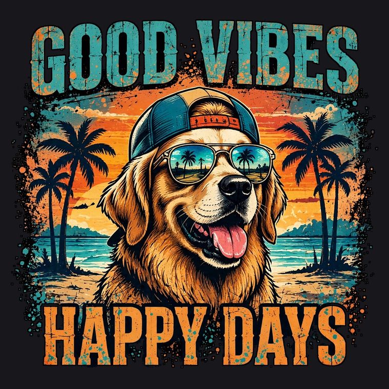 Home New Good Vibes, Happy Days — Happy dog with sunglasses, summer sunset — digital PNG design
