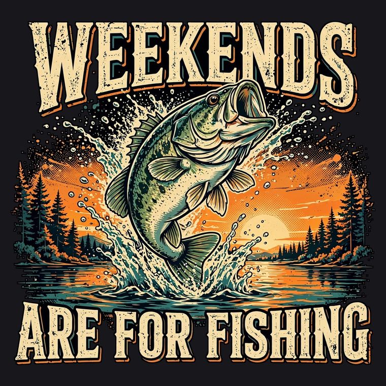 Home New Weekends Are for Fishing — Bass leaping out of a lake at sunset — digital PNG design