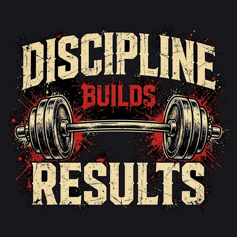 Home New Discipline Builds Results — Barbell gym motivation art — digital PNG design