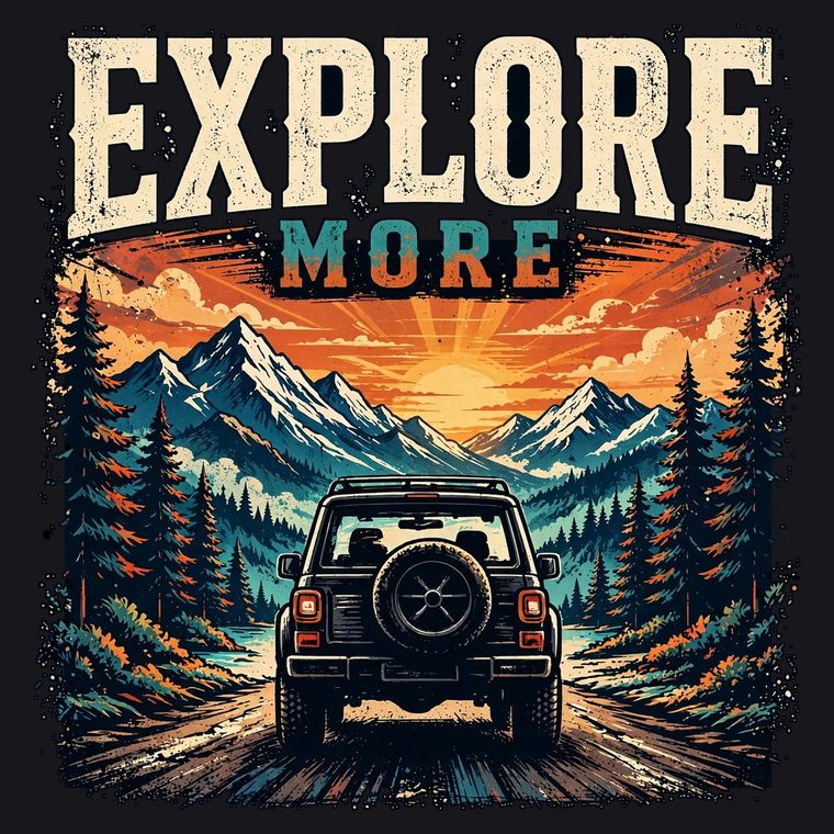 Home New Explore More — SUV on a mountain road at sunset — digital PNG design