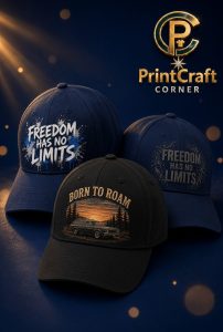 Custom printed caps — Freedom Has No Limits and Born To Roam designs by PrintCraft Corner