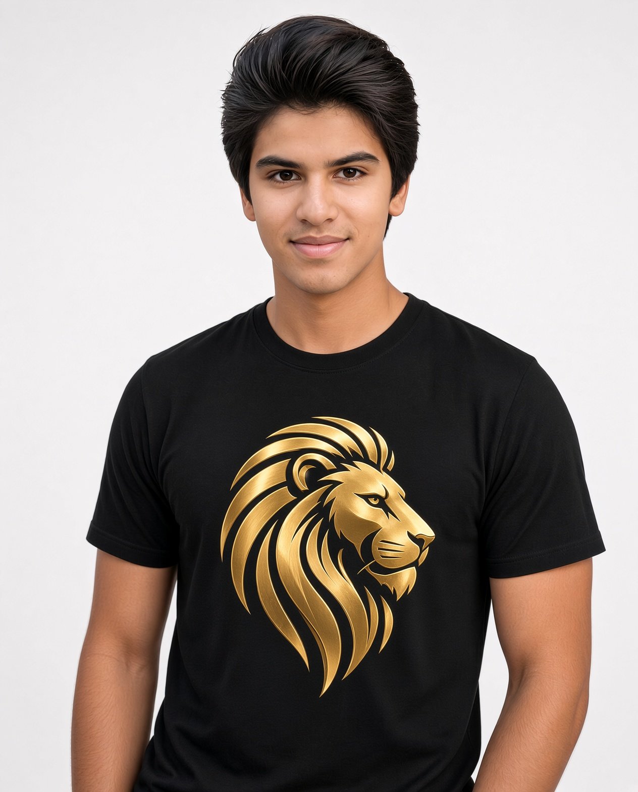 Home New Model wearing a PrintCraft Corner gold lion T-shirt