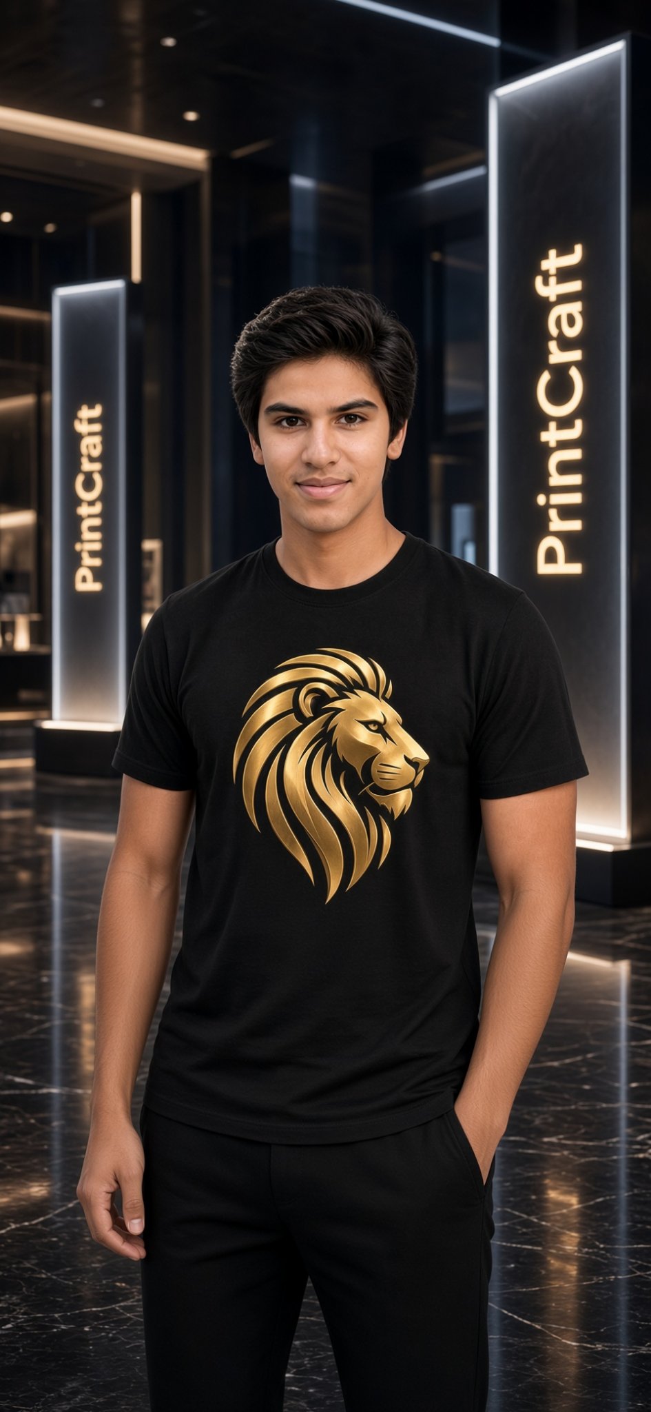 Young man wearing a black T-shirt with a golden lion design inside a luxury PrintCraft store