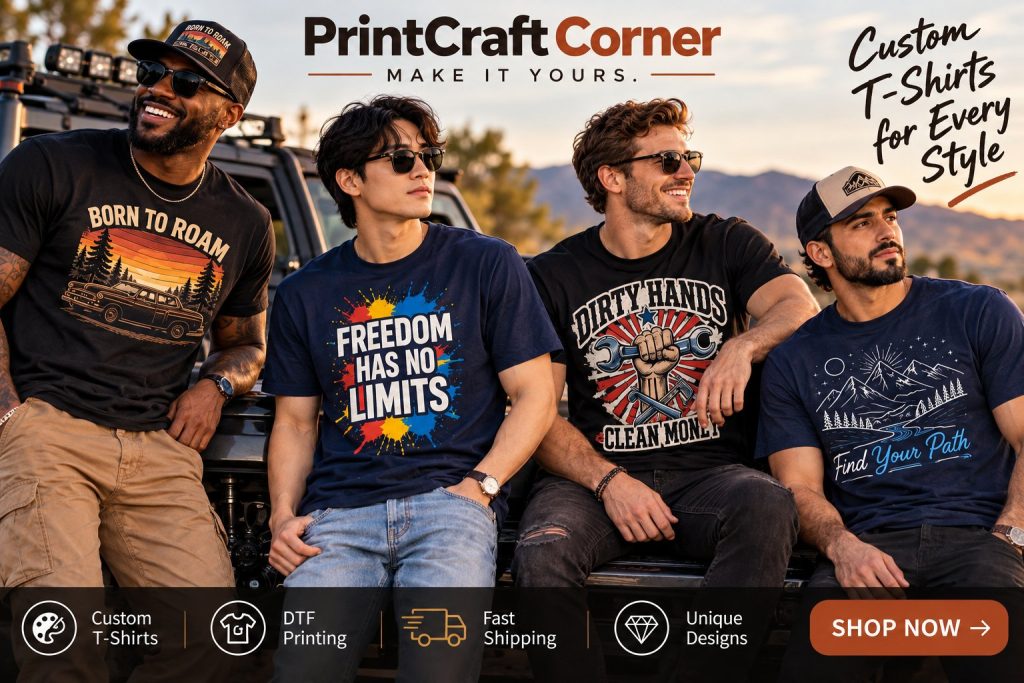Four men wearing PrintCraft Corner tees sitting on a truck at sunset — Custom T-Shirts for Every Style