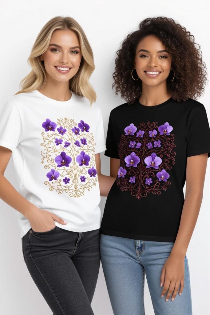 Custom printed T-shirts with purple orchid design in white and black