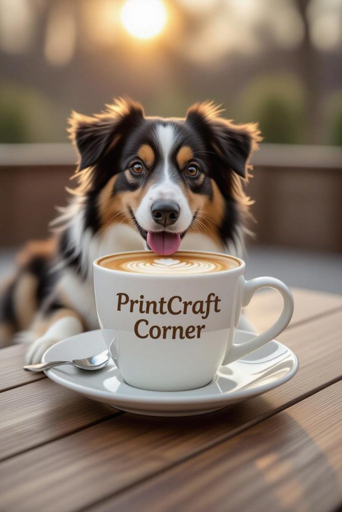 PrintCraft Corner branded coffee cup with friendly dog
