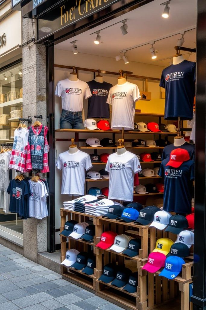 Custom printed T-shirts and caps retail display